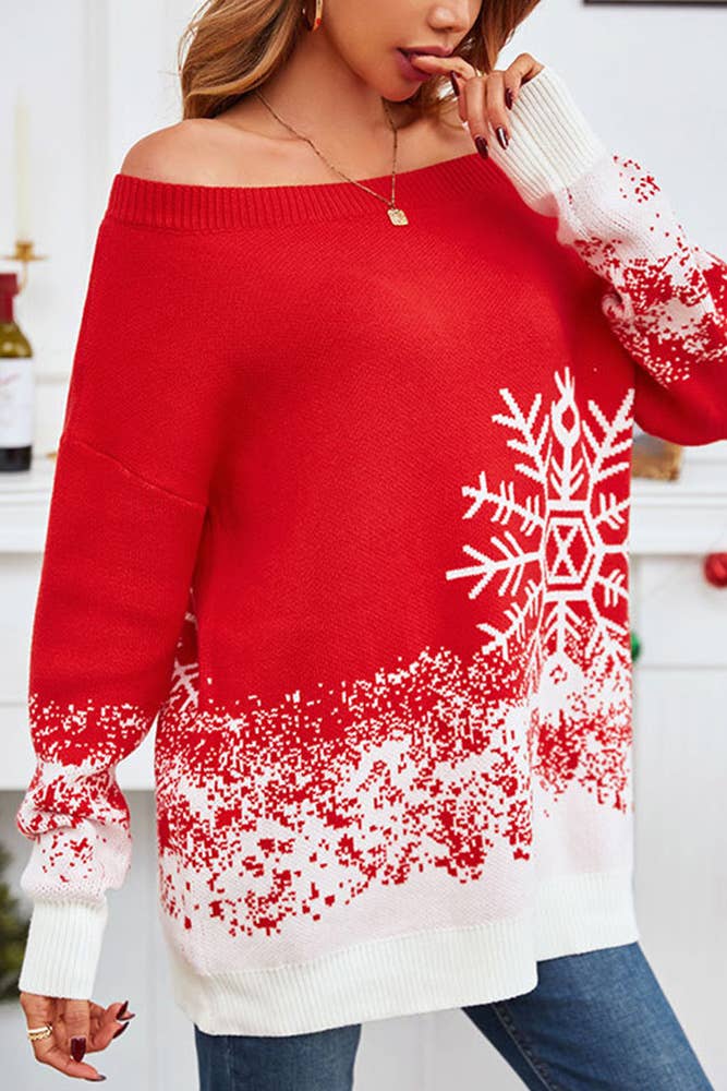Red Off Shoulder Christmas Pattern Sweater SF102