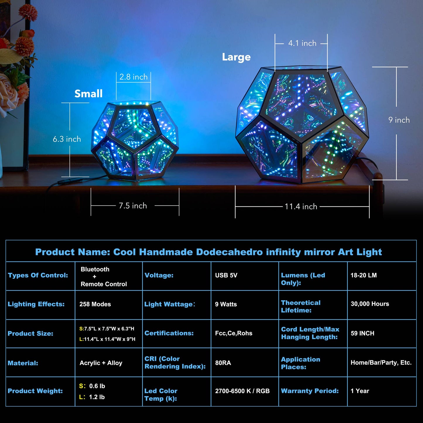 RGB Color-changing Infinity Dodecahedron Geometric Lamp