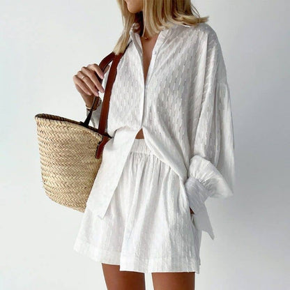 Summer Women's Blouse Bubble Sleeve Shorts Set