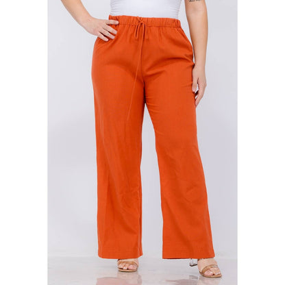 PLUS SIZE LINEN ELASTIC WAIST WIDE LEG PANTS: Black / 1X
