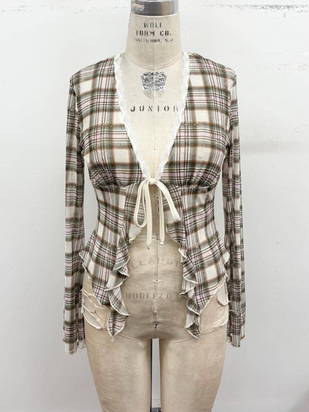 Plaid Lace Trim Tie-Front Mesh Top