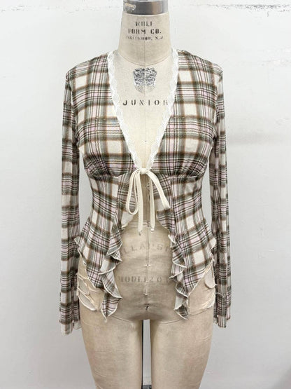 Plaid Lace Trim Tie-Front Mesh Top