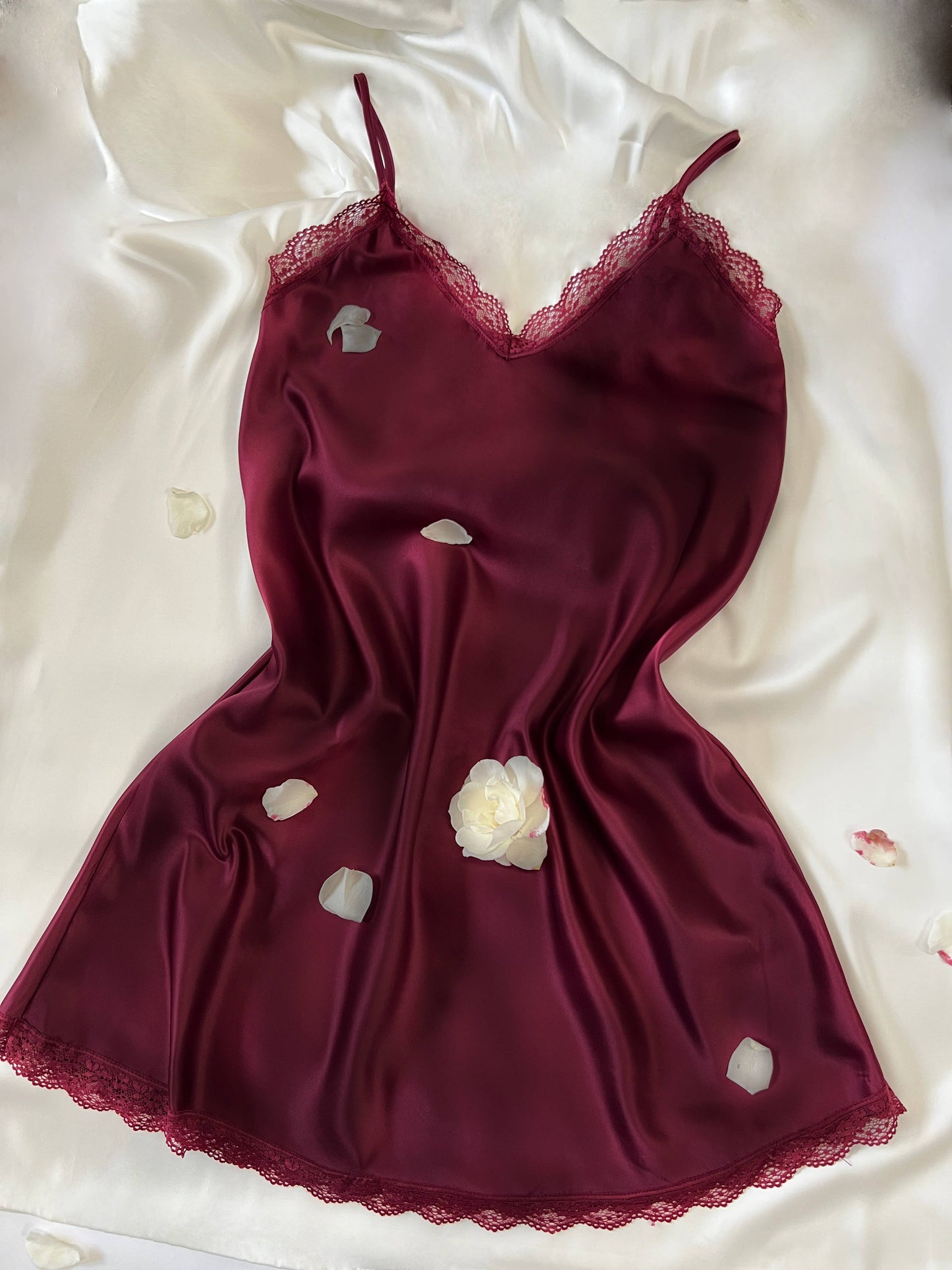 Burgundy Silky Nightgown with  Lace Embroidery