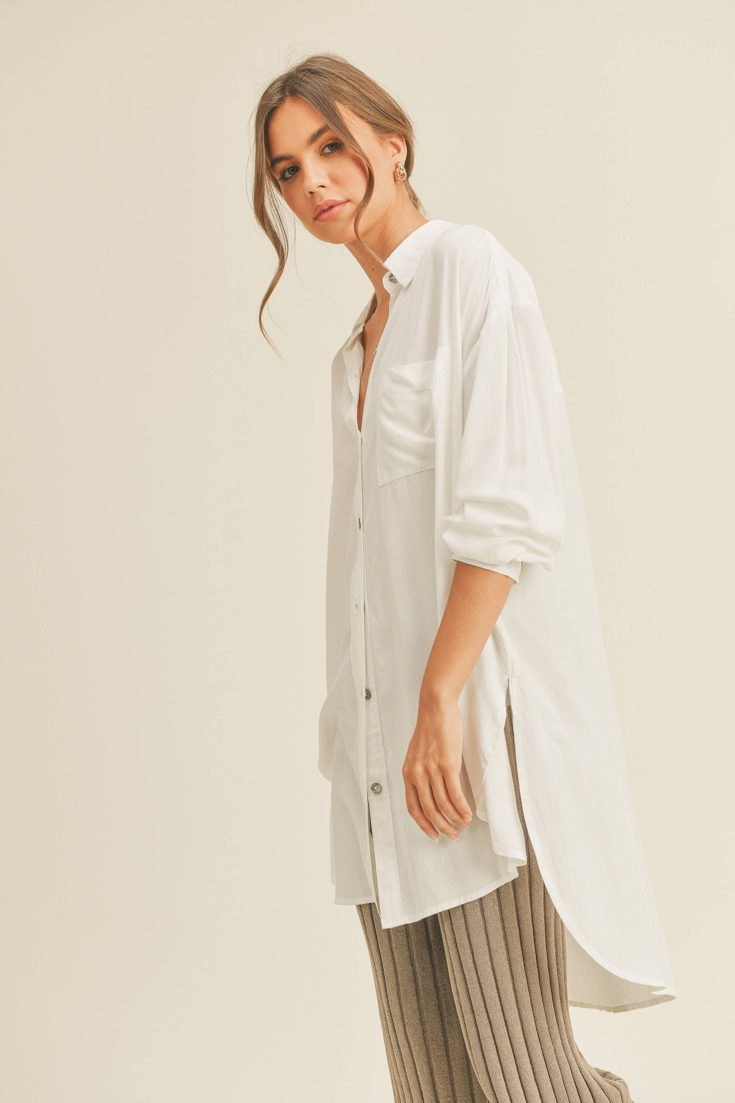 MMT1627 WASHED BUTTONDOWN LONG SHIRTS: WHITE / L