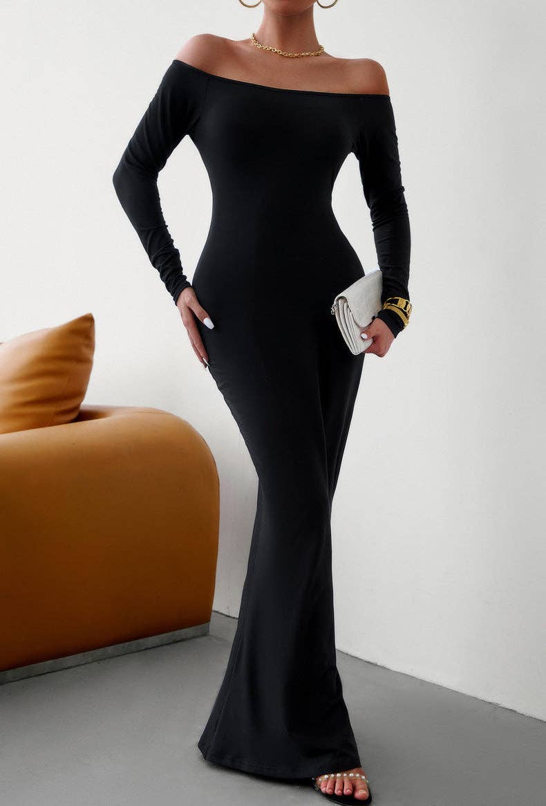 Long Sleeve Maxi Dress: Black / S Off Shoulder Solid Longline Lounge