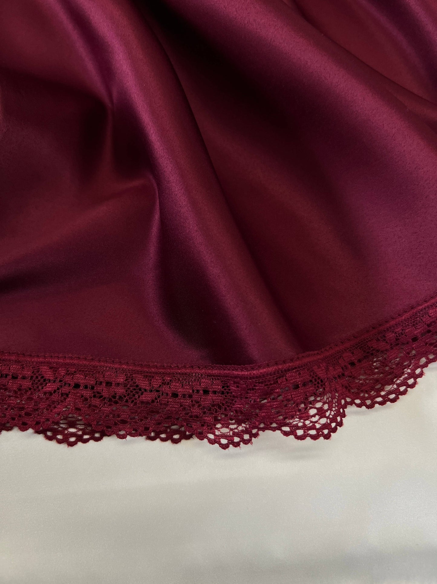 Burgundy Silky Nightgown with  Lace Embroidery