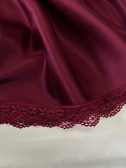 Burgundy Silky Nightgown with  Lace Embroidery