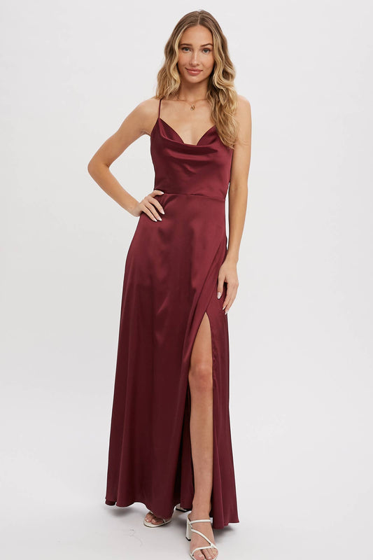 DRAPE NECK SILKY MAXI DRESS: PLUM / L