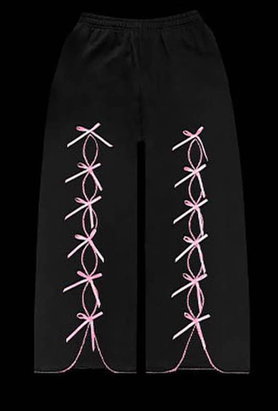 Black Solid color bow velvet casual hollow sweatshirt sports pants