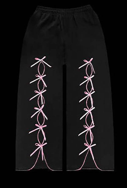 Black Solid color bow velvet casual hollow sweatshirt sports pants