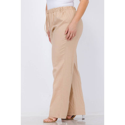 PLUS SIZE LINEN ELASTIC WAIST WIDE LEG PANTS: Black / 2X
