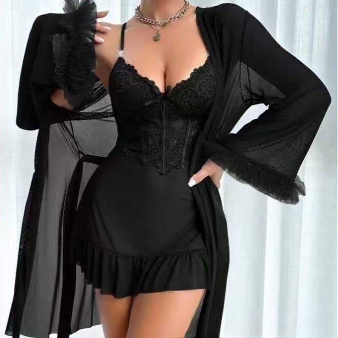 Sexy Lace Chemise Nightgown Women Summer Sleepwear Set