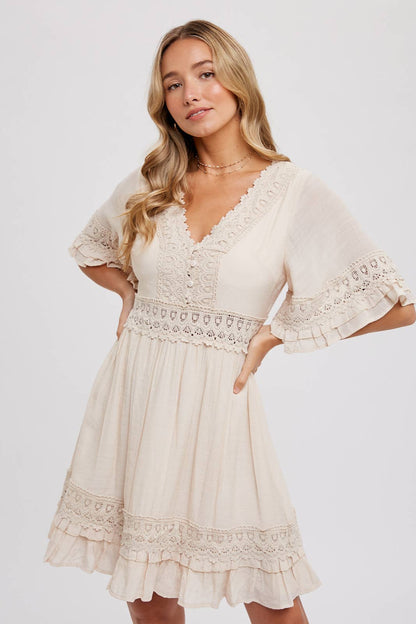 V-NECK LACE DRESS - Open Back with Tie Detail