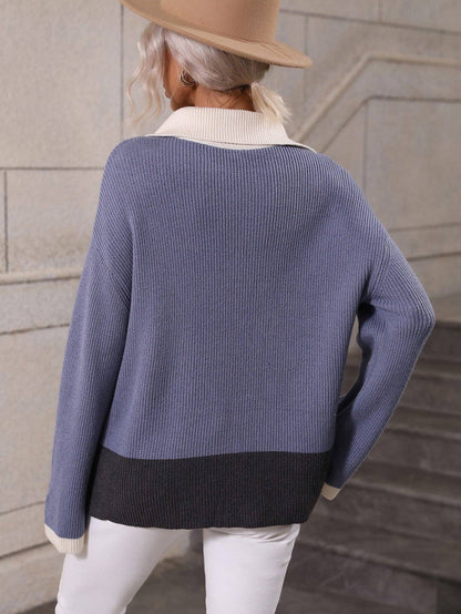 Color Block Half-Zip Dropped Shoulder Knit Pullover: Blue / S