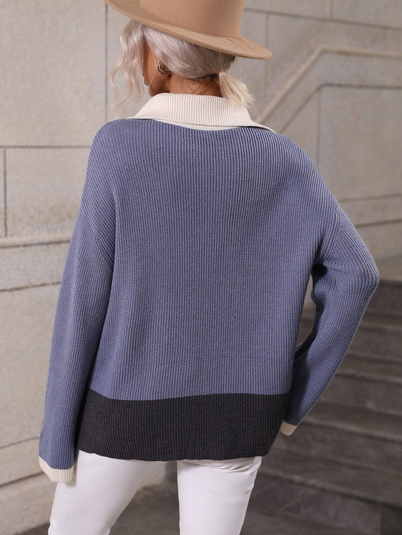Color Block Half-Zip Dropped Shoulder Knit Pullover: Blue / M