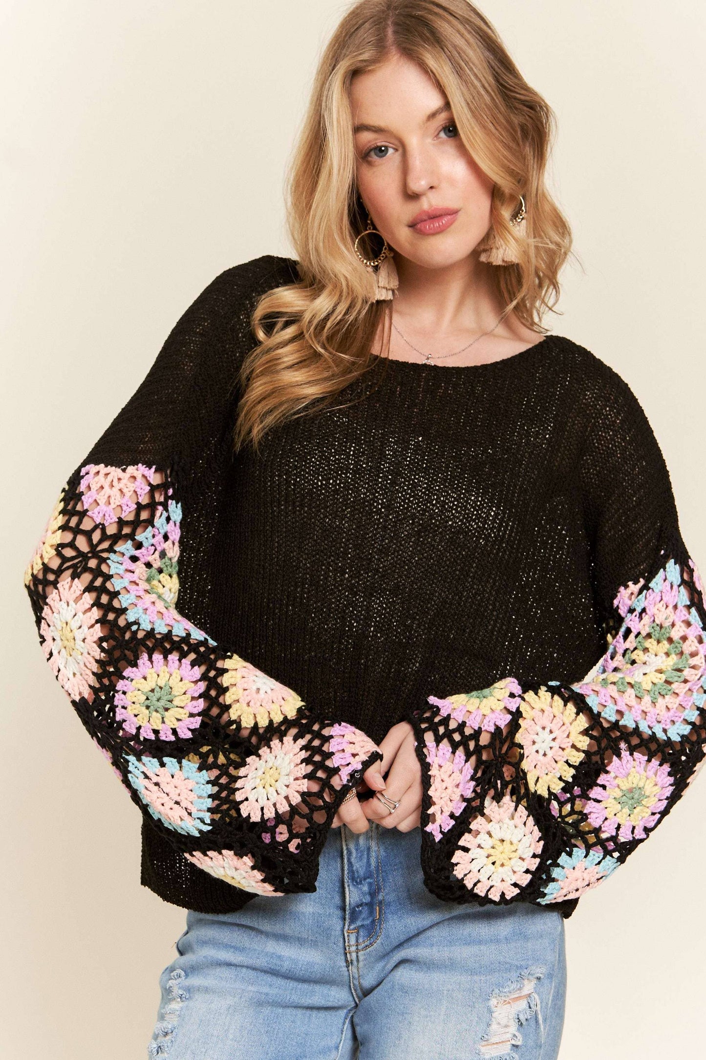 CESW3576 - MULTI COLOR CROCHET SLEEVE LOOSE TOP