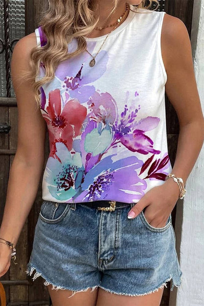 Placement Paint Floral Print Tank Top AXR046: White / L