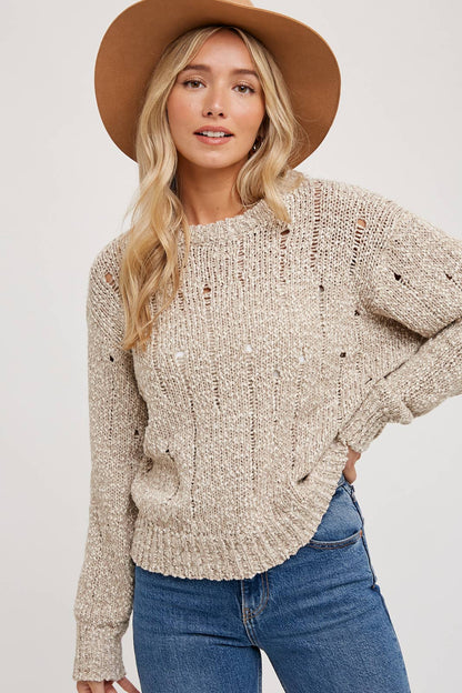 DISTRESSED SWEATER-KNIT PULLOVER