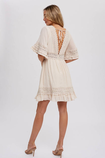 V-NECK LACE DRESS - Open Back with Tie Detail