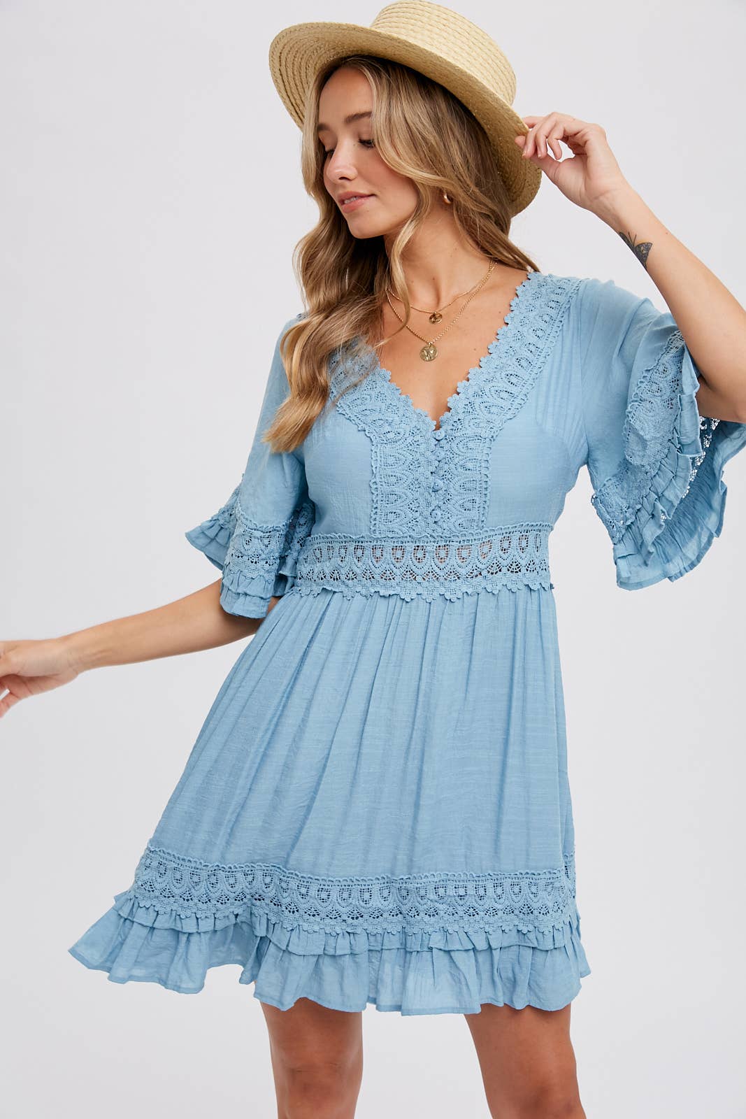 V-NECK LACE DRESS - Open Back with Tie Detail