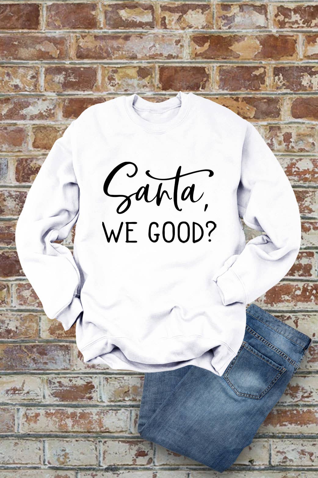 Santa, We Good?, Christmas, Unisex Cotton Fleece Sweatshirt: White/Red / L