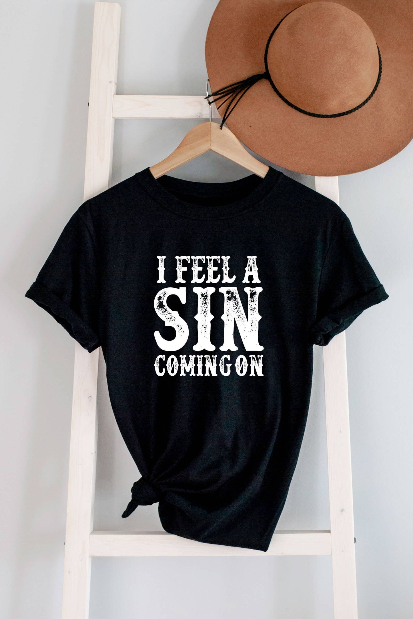 I Feel a SIN Coming On large , UNISEX Round Neck T-Shirt: Black / L