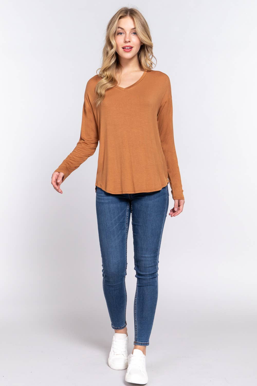 Long Dolman Sleeve V-neck Rayon Span Jersey Top