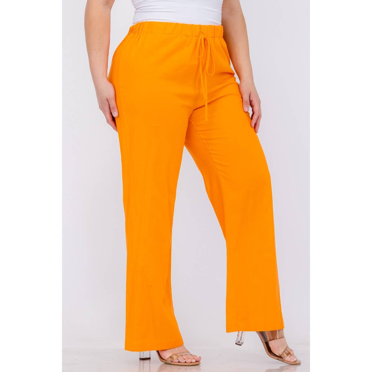 PLUS SIZE LINEN ELASTIC WAIST WIDE LEG PANTS: Black / 3X