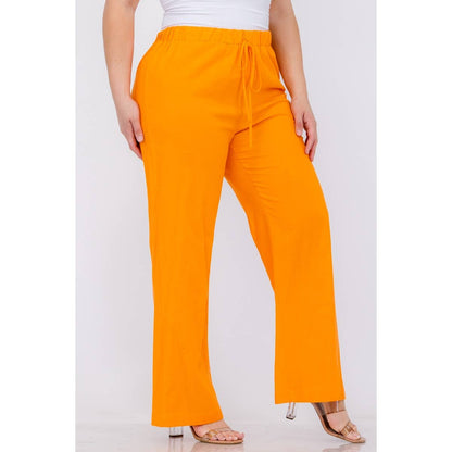 PLUS SIZE LINEN ELASTIC WAIST WIDE LEG PANTS: Black / 3X