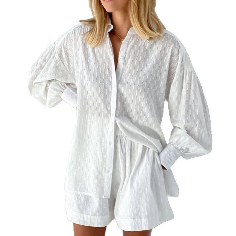 Summer Women's Blouse Bubble Sleeve Shorts Set