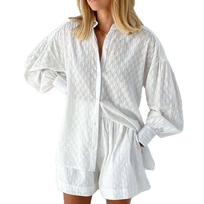 Summer Women's Blouse Bubble Sleeve Shorts Set