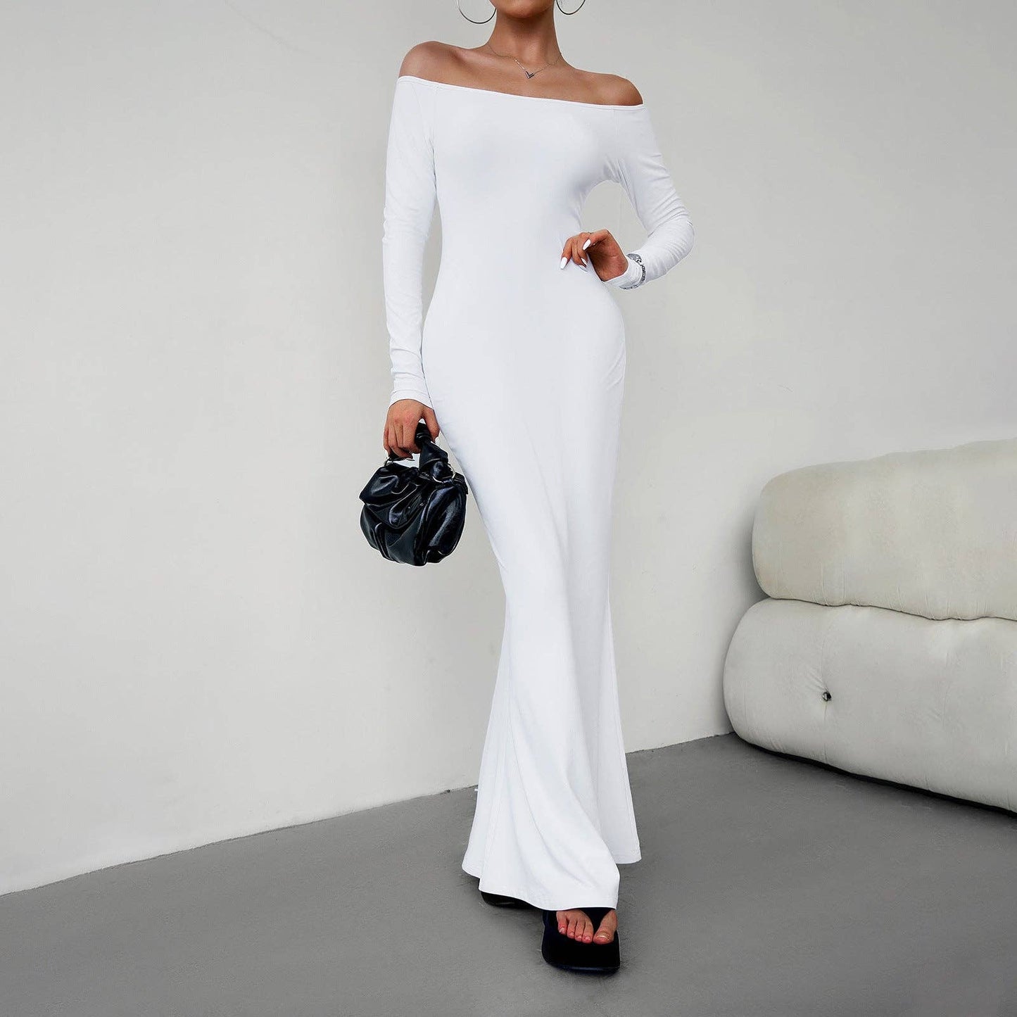 Long Sleeve Maxi Dress: Black / S Off Shoulder Solid Longline Lounge