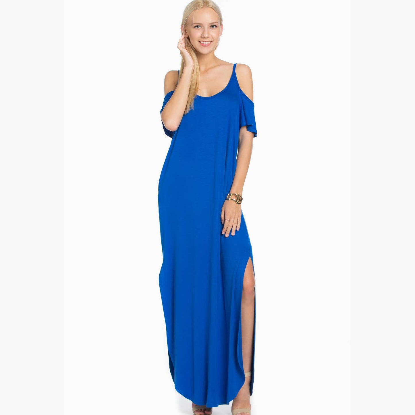 SD5050 Ruffled Cold-shoulder Maxi Dress: XL / Black