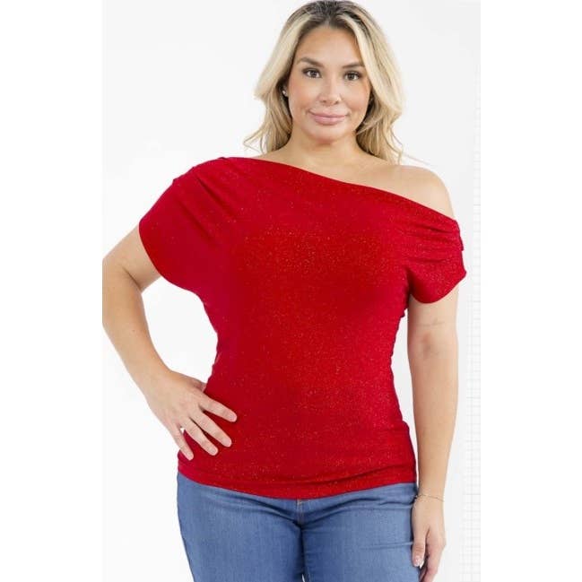 PLUS SIZE GLITTER OFF SHOULDER RUCHED SLEEVE TOP
