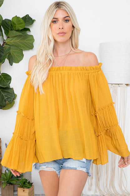 OFF SHOULDER TIERED BELL SLEEVE TOP: EARL GREY / S