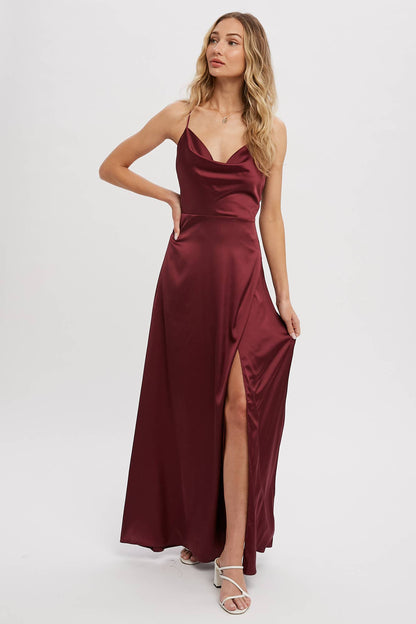 DRAPE NECK SILKY MAXI DRESS: HUNTER GREEN / M