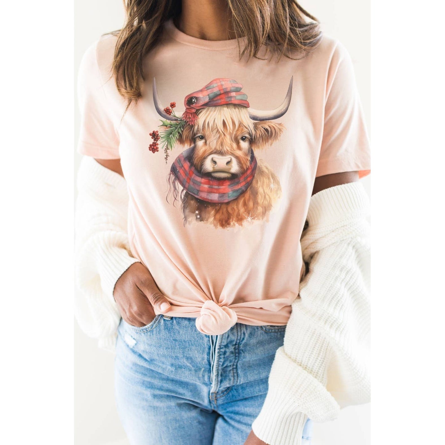Plaid Cozy Long Horn Christmas Cow Graphic Tee