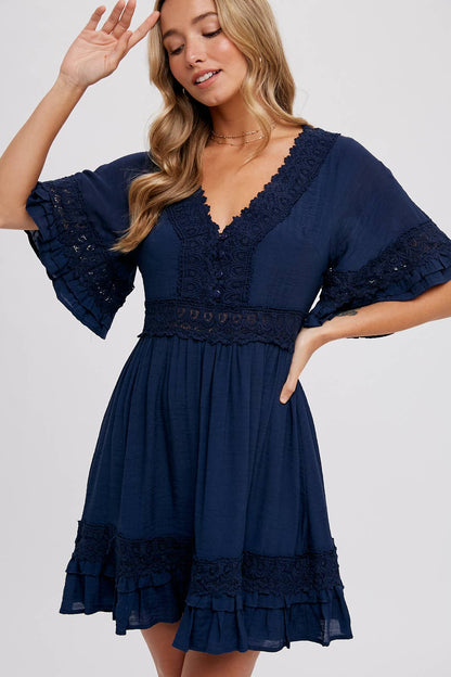 V-NECK LACE DRESS - Open Back with Tie Detail