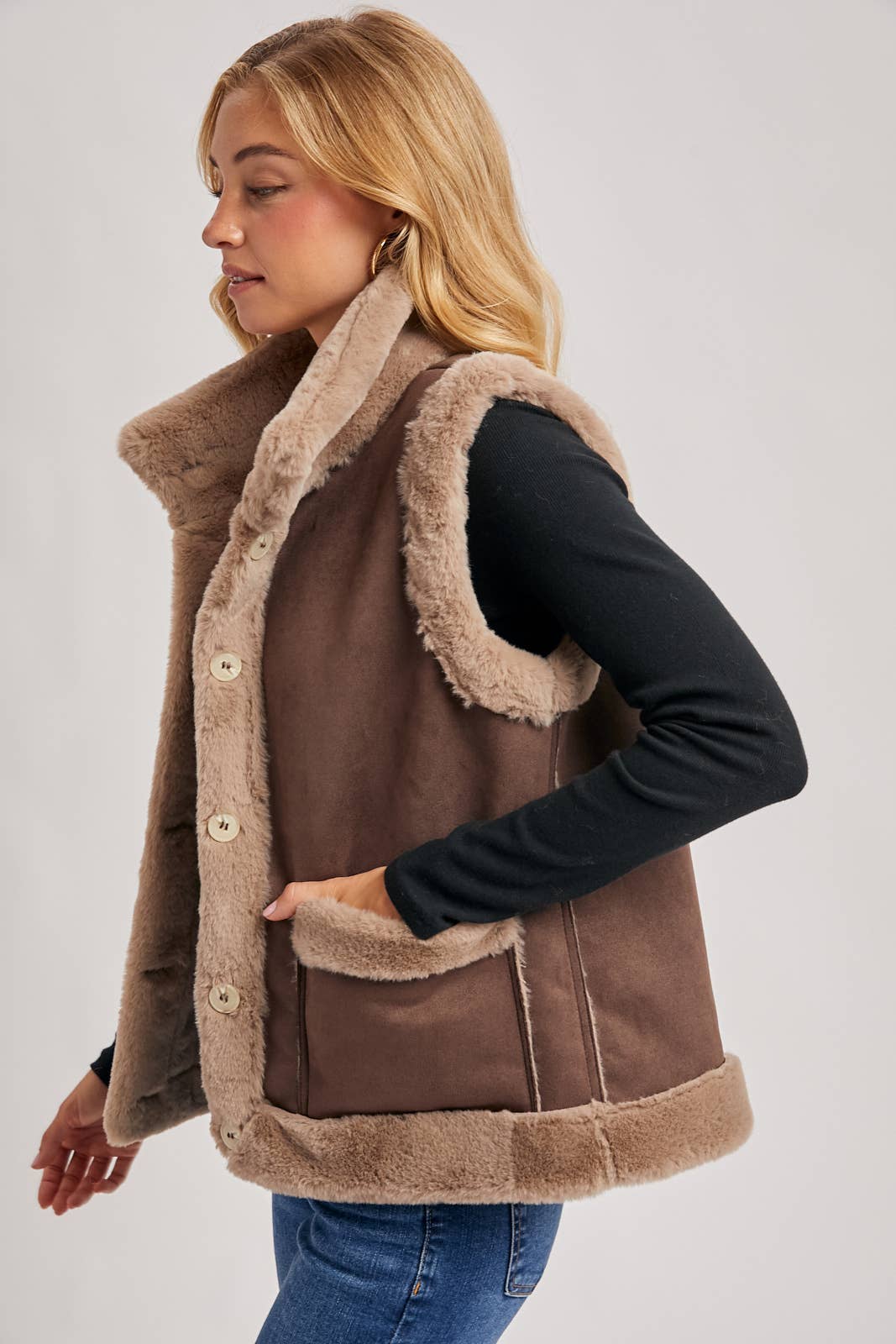 FAUX SUEDE WITH FAUX SHEARLING LINING TRIM VEST