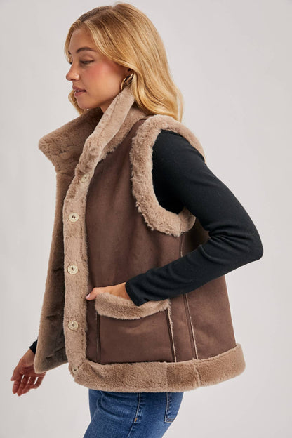 FAUX SUEDE WITH FAUX SHEARLING LINING TRIM VEST