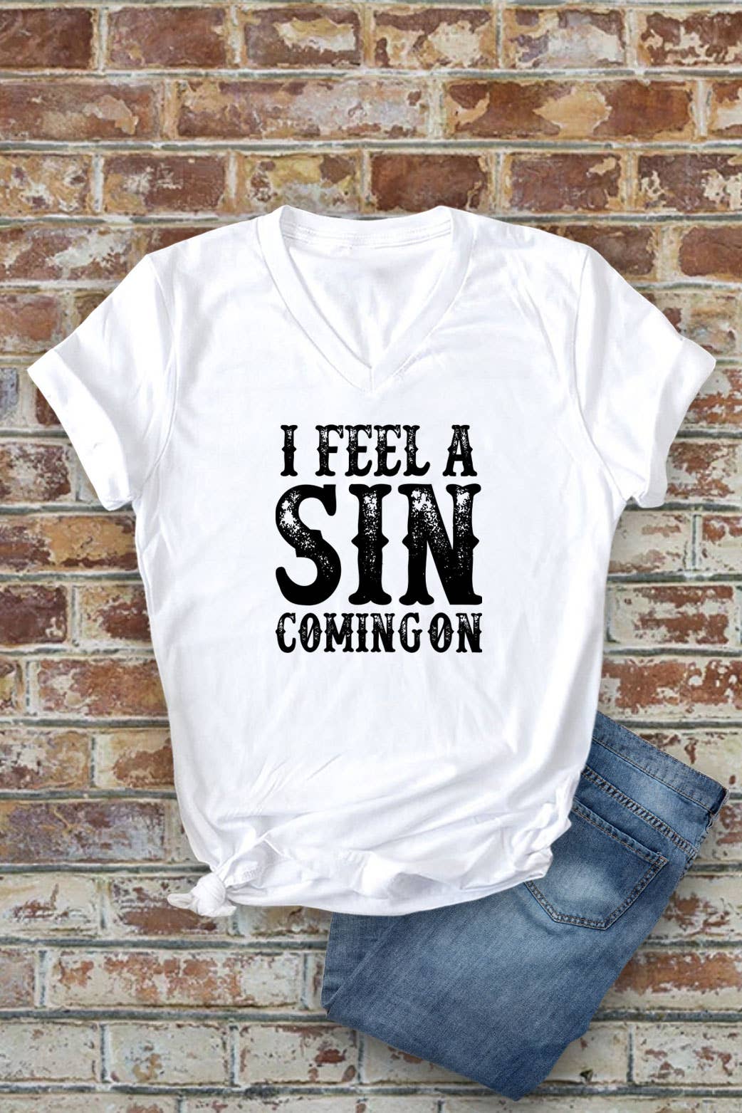 I Feel a SIN Coming On, Unisex Short Sleeve V Neck T-Shirt