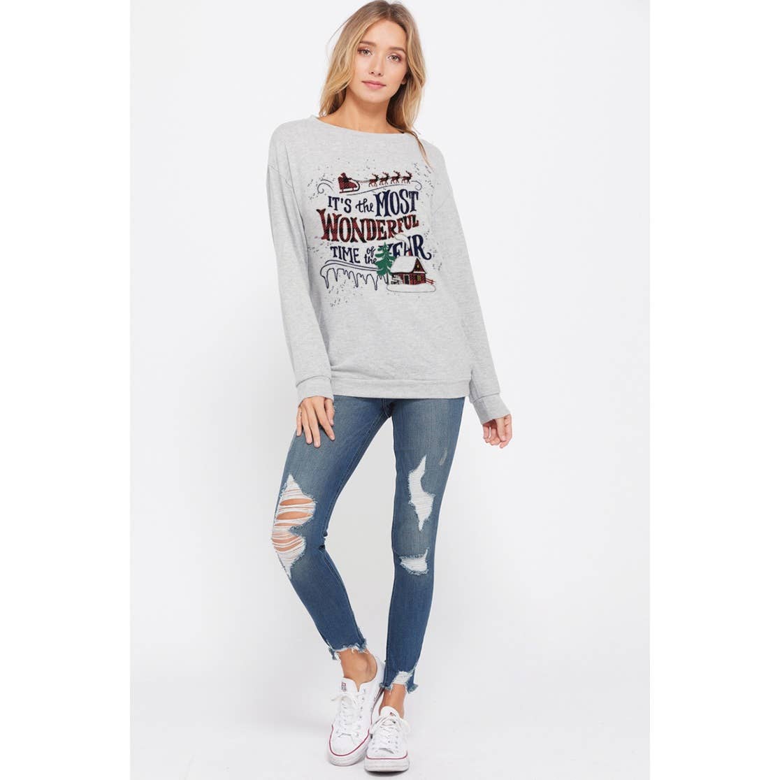 Christmas print long sleeve soft sweatshirt