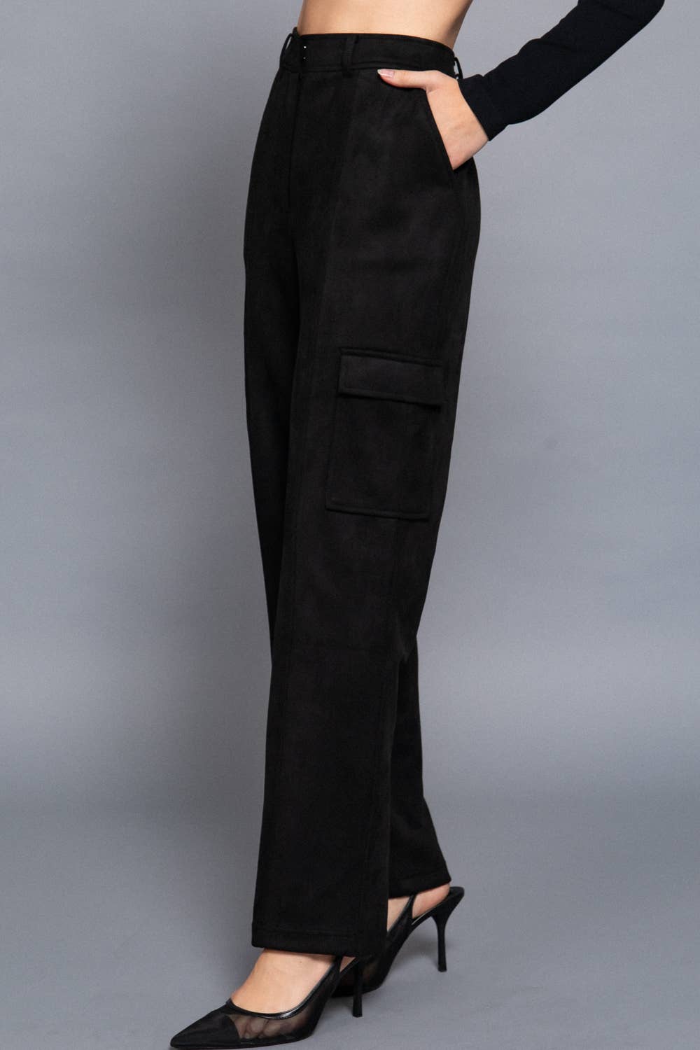 High Waist Straight Line Suede Cargo Pants
