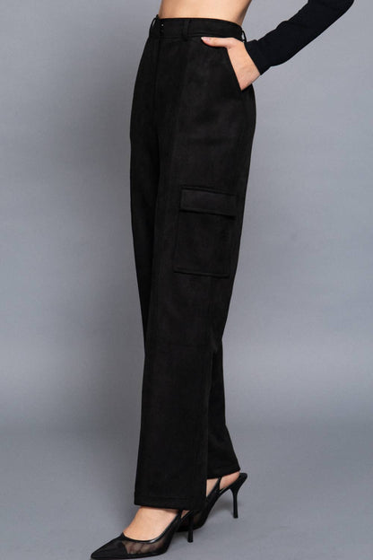High Waist Straight Line Suede Cargo Pants