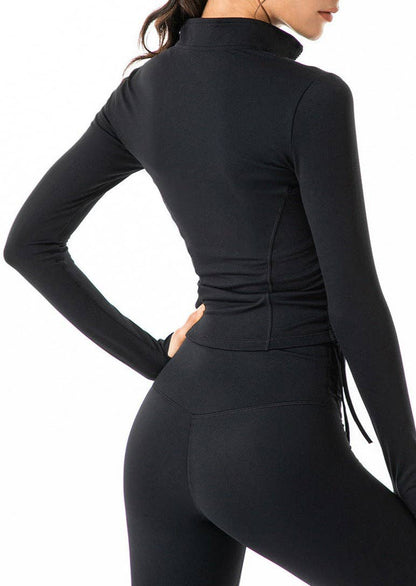 Defining Contouring Small 0-4Seam Drawstring Ruched Zip Fitted Jacket: Black