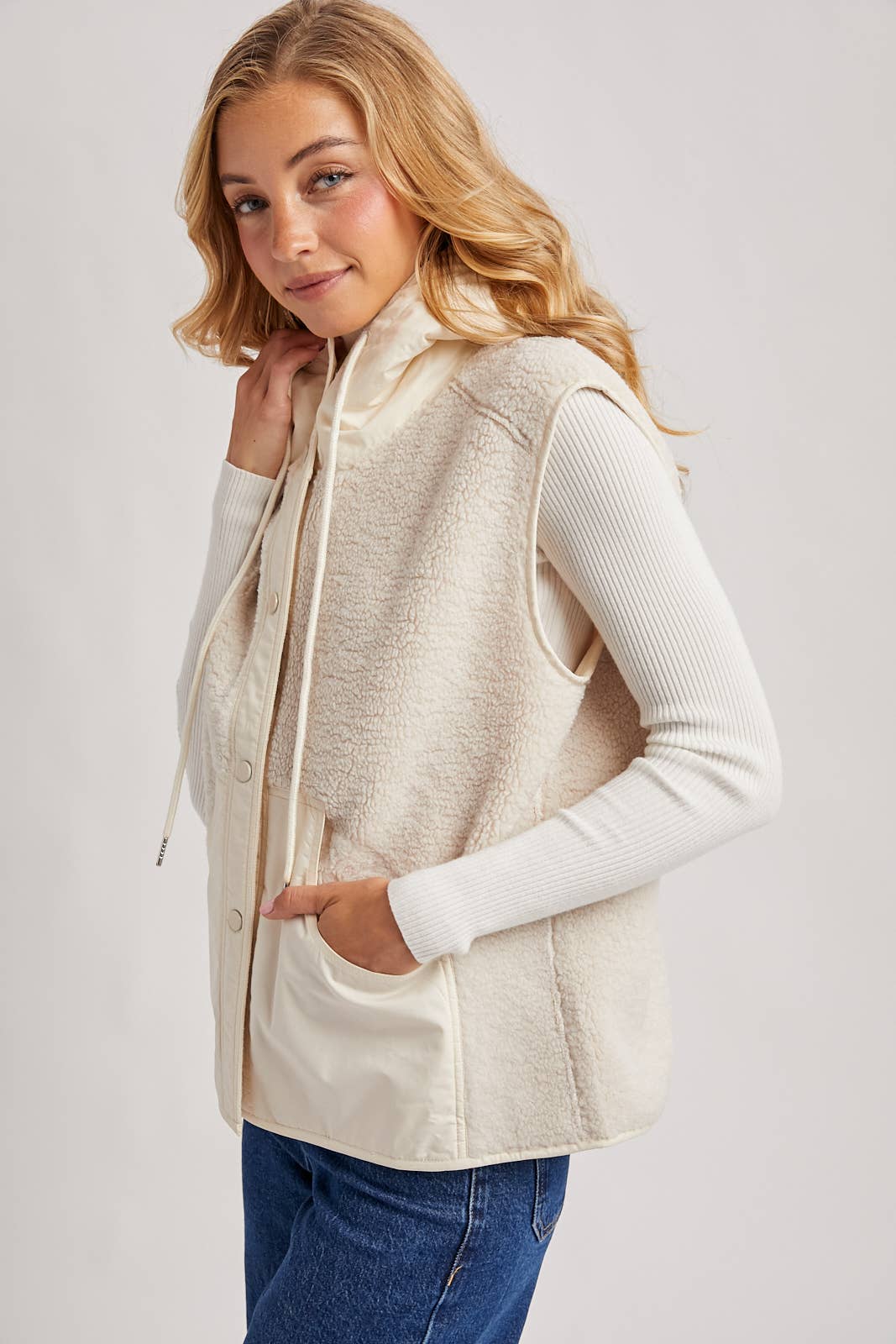 SHERPA FLEECE HOODED VEST WITH FAUX SUEDE INNER