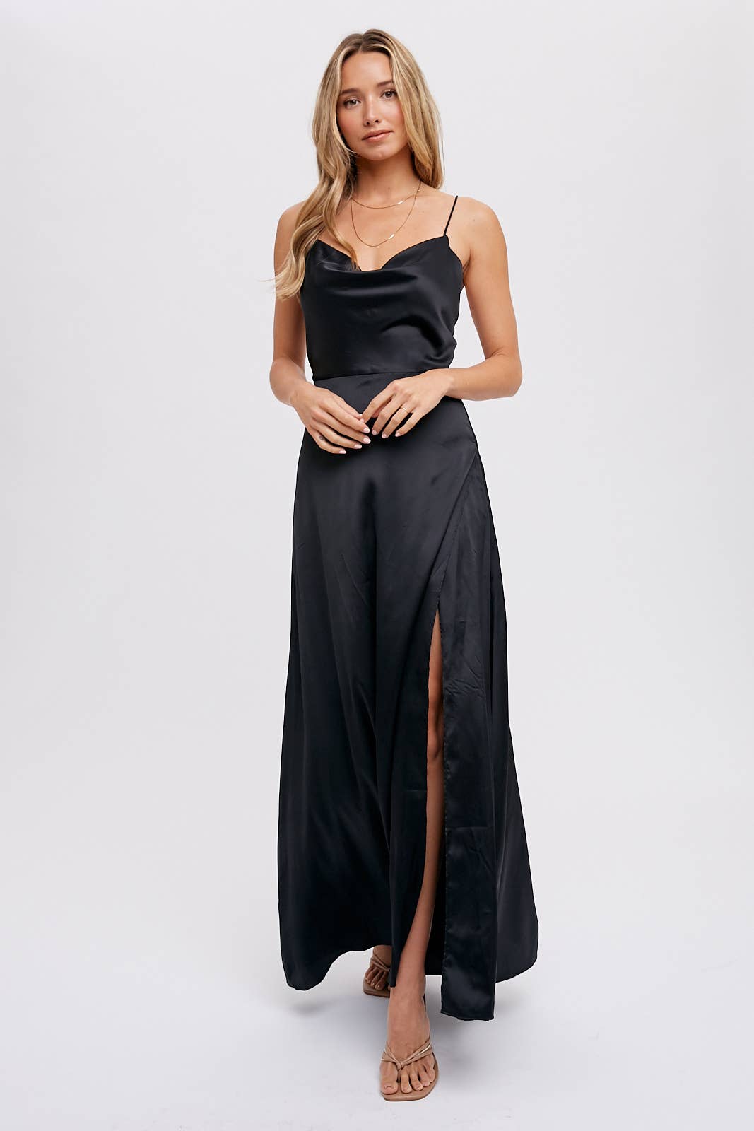 DRAPE NECK SILKY MAXI DRESS: HUNTER GREEN / S