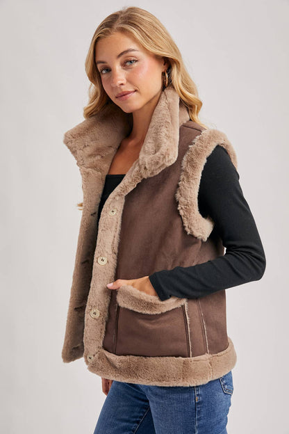 FAUX SUEDE WITH FAUX SHEARLING LINING TRIM VEST