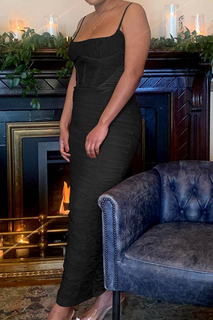 Backless Bodycon Slim Ruched Spaghetti Dress ZZKF186: Black / L