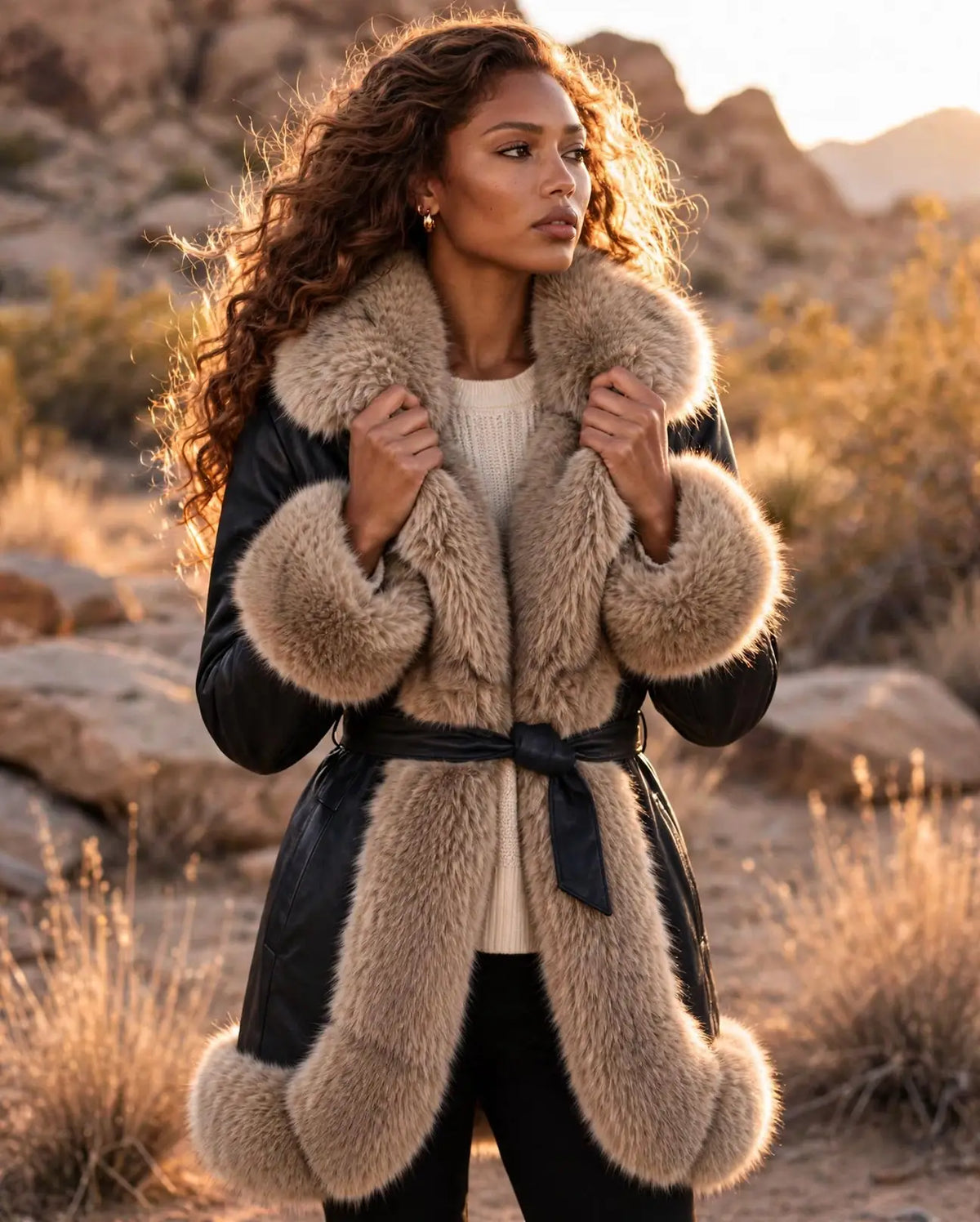 CLAPC0018: Women's Faux Leather Coat, Faux Fur Contrast Trim